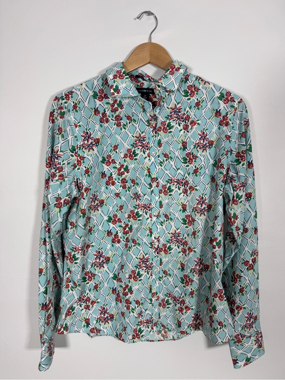 WSH87 {Lands End} Rose Garden Print Long Sleeve Button Down Shirt Top Blouse